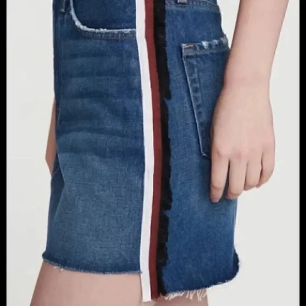 Frame Denim Mini Skirt with Raw Staggered Hem and Side Stripe/Fringe. Size 25.